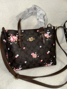 Coach Brown Floral Mini Tote canvas with Pink Accents